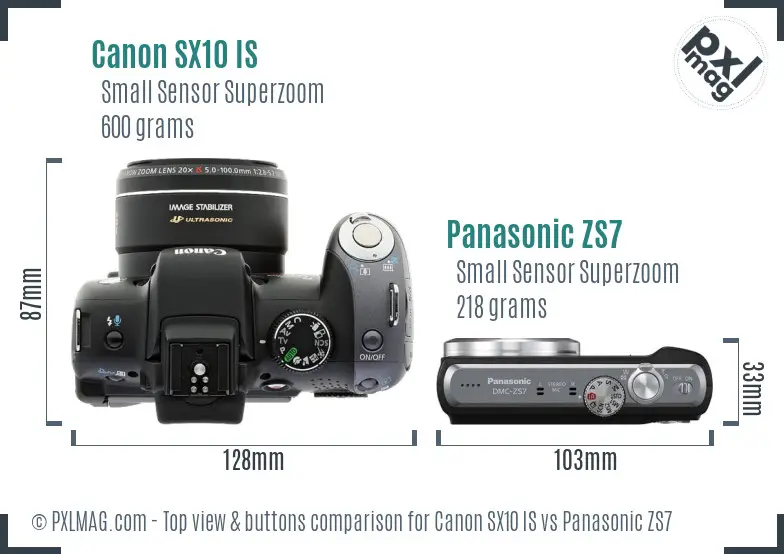 Canon SX10 IS vs Panasonic ZS7 top view buttons comparison