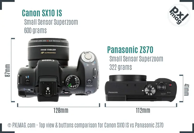 Canon SX10 IS vs Panasonic ZS70 top view buttons comparison