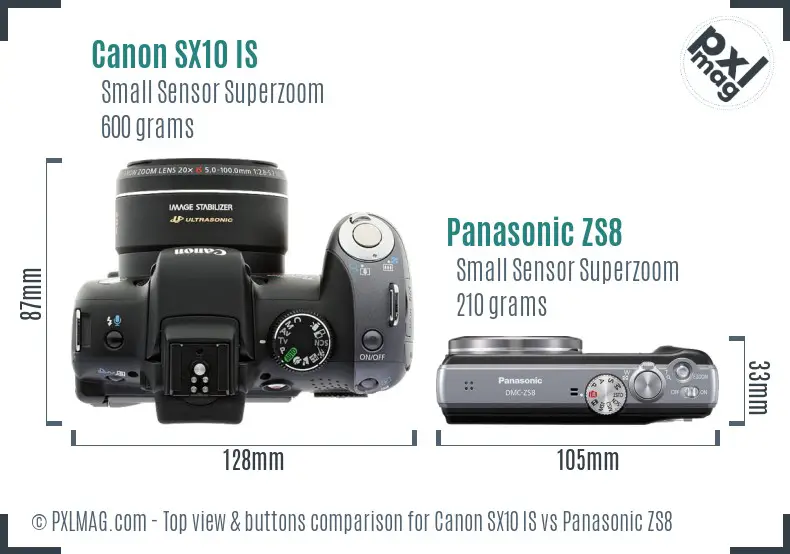 Canon SX10 IS vs Panasonic ZS8 top view buttons comparison