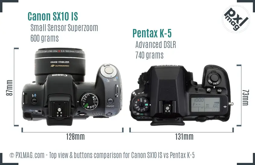 Canon SX10 IS vs Pentax K-5 top view buttons comparison