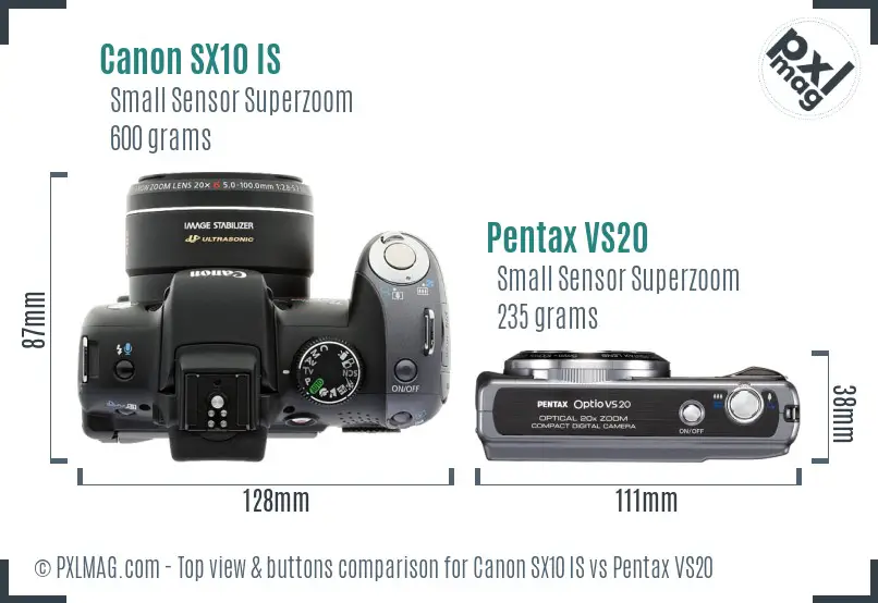 Canon SX10 IS vs Pentax VS20 top view buttons comparison