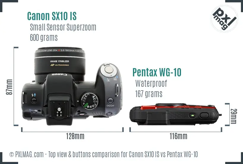 Canon SX10 IS vs Pentax WG-10 top view buttons comparison