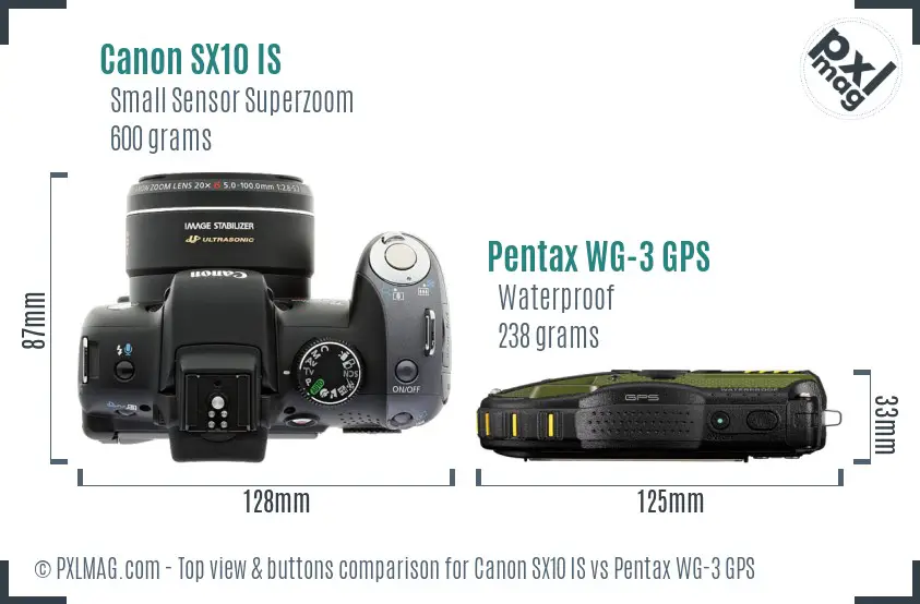 Canon SX10 IS vs Pentax WG-3 GPS top view buttons comparison