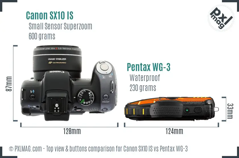 Canon SX10 IS vs Pentax WG-3 top view buttons comparison