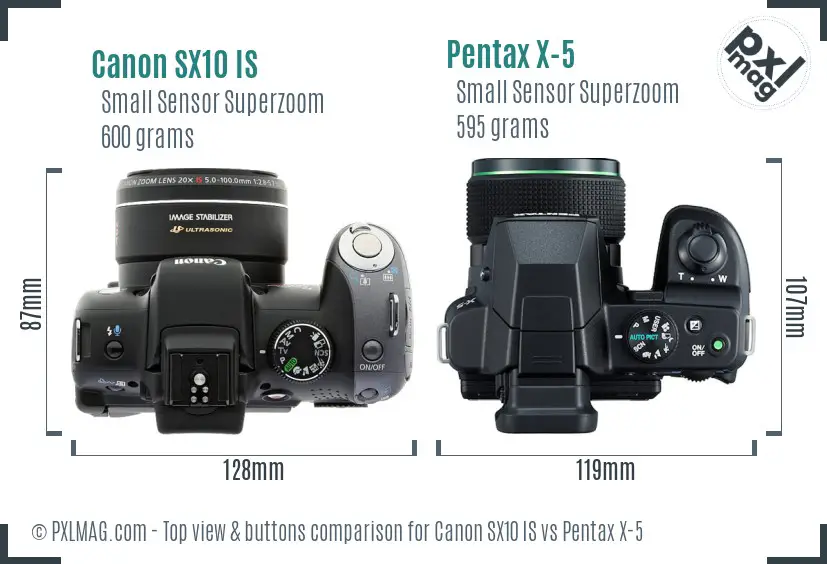 Canon SX10 IS vs Pentax X-5 top view buttons comparison