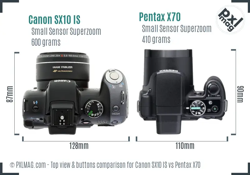 Canon SX10 IS vs Pentax X70 top view buttons comparison