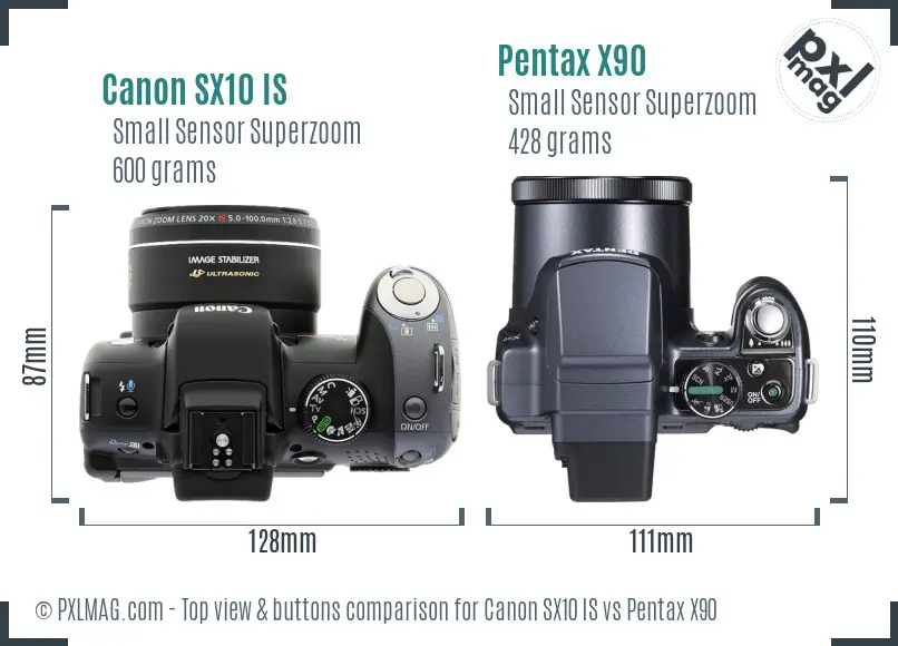 Canon SX10 IS vs Pentax X90 top view buttons comparison