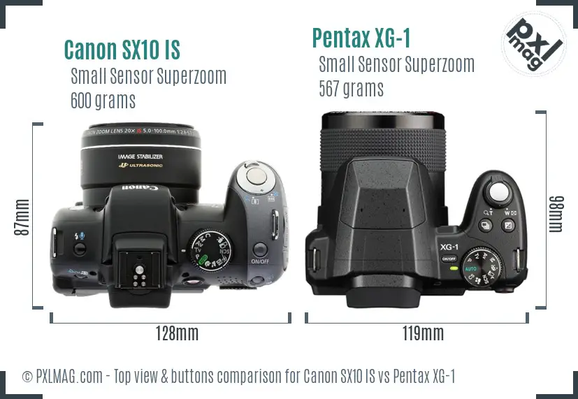 Canon SX10 IS vs Pentax XG-1 top view buttons comparison