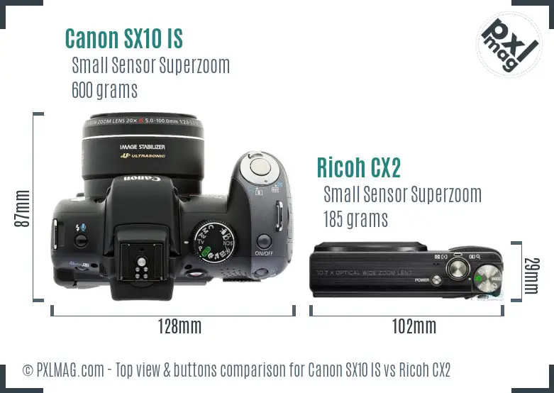 Canon SX10 IS vs Ricoh CX2 top view buttons comparison
