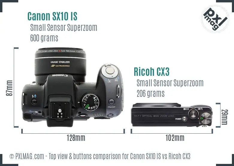 Canon SX10 IS vs Ricoh CX3 top view buttons comparison Canon SX10 IS vs Ricoh CX3 top view buttons comparison
