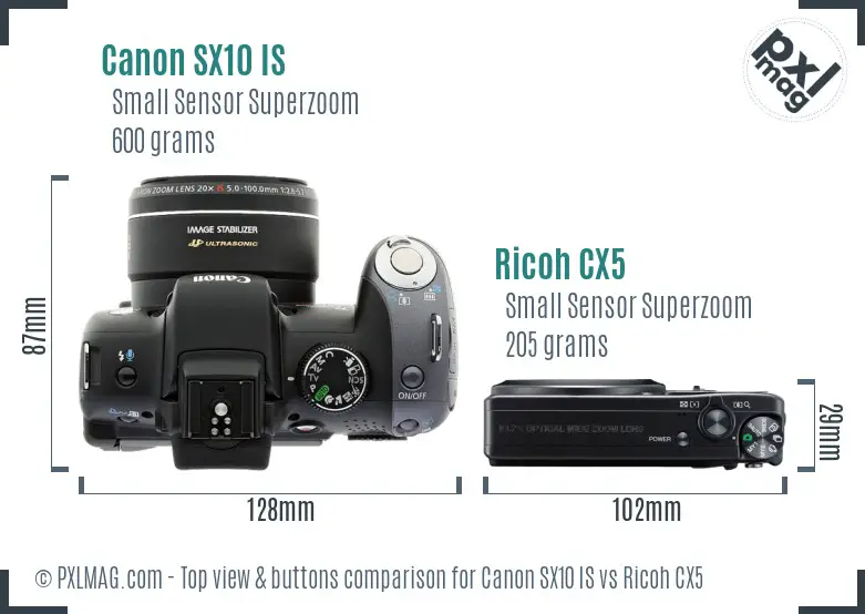 Canon SX10 IS vs Ricoh CX5 top view buttons comparison