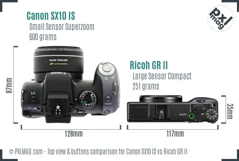 Canon SX10 IS vs Ricoh GR II top view buttons comparison