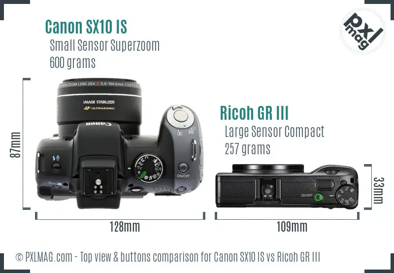 Canon SX10 IS vs Ricoh GR III top view buttons comparison Canon SX10 IS vs Ricoh GR III top view buttons comparison
