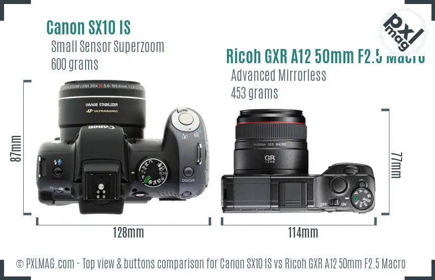 Canon SX10 IS vs Ricoh GXR A12 50mm F2.5 Macro top view buttons comparison Canon SX10 IS vs Ricoh GXR A12 50mm F2.5 Macro top view buttons comparison