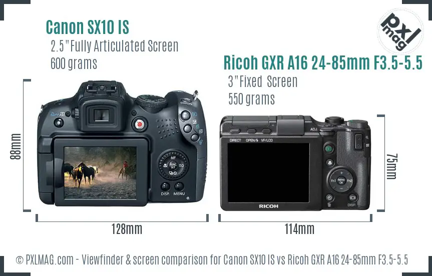 Canon SX10 IS vs Ricoh GXR A16 24-85mm F3.5-5.5 Screen and Viewfinder comparison