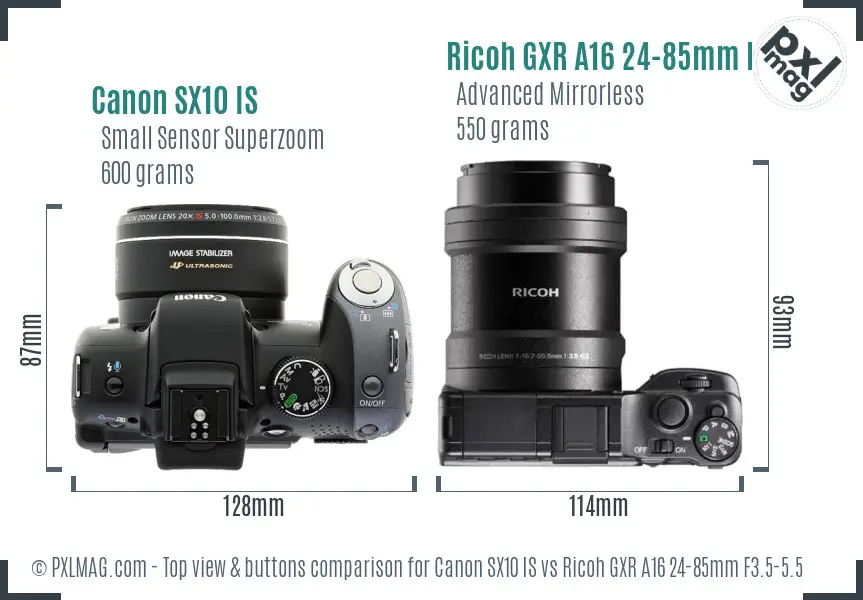 Canon SX10 IS vs Ricoh GXR A16 24-85mm F3.5-5.5 top view buttons comparison