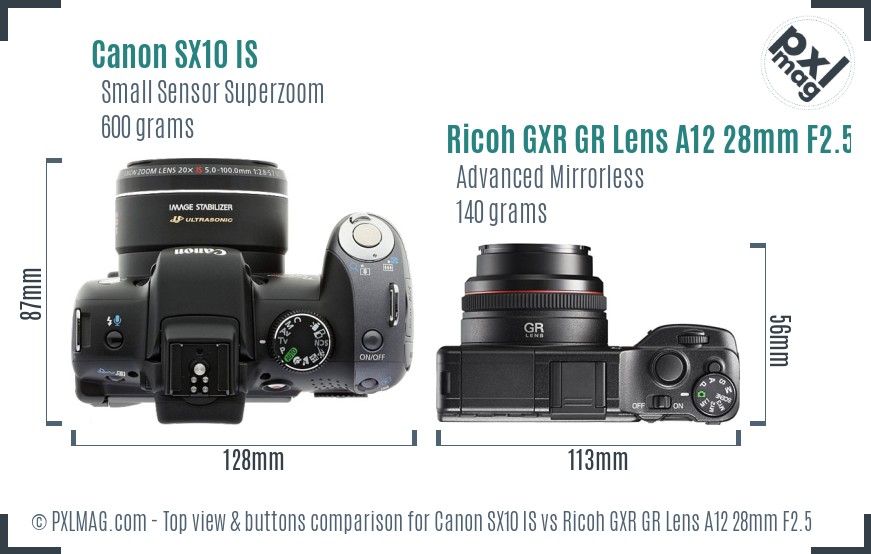 Canon SX10 IS vs Ricoh GXR GR Lens A12 28mm F2.5 top view buttons comparison