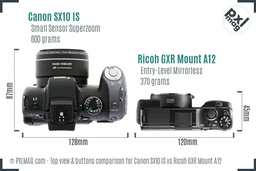 Canon SX10 IS vs Ricoh GXR Mount A12 top view buttons comparison
