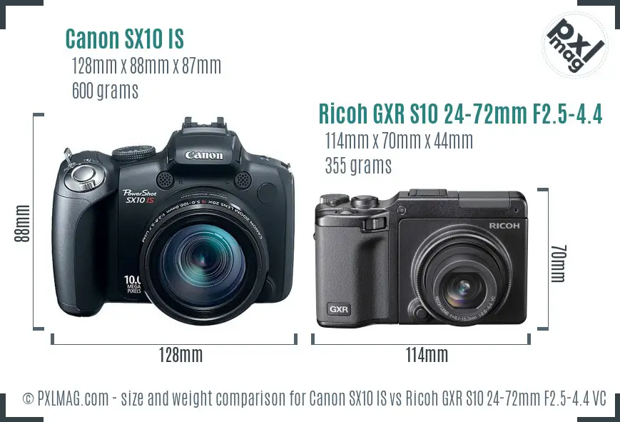 Canon SX10 IS vs Ricoh GXR S10 24-72mm F2.5-4.4 VC size comparison