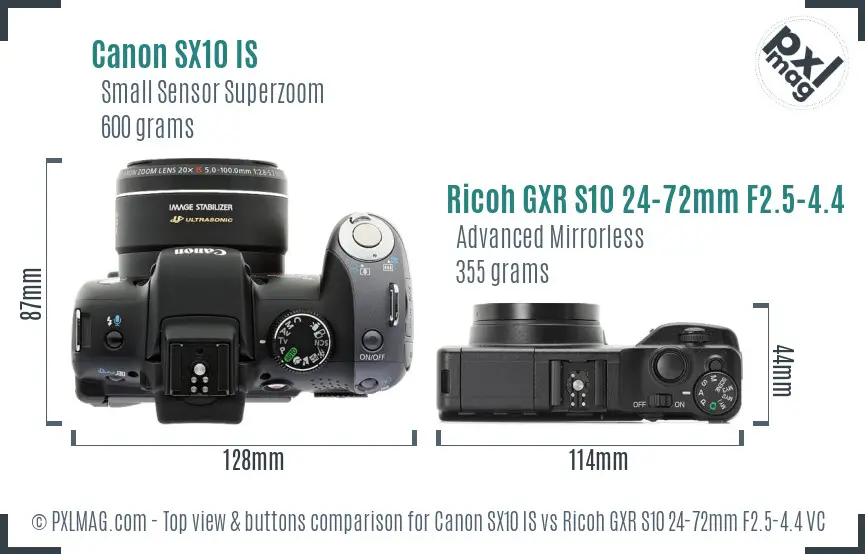 Canon SX10 IS vs Ricoh GXR S10 24-72mm F2.5-4.4 VC top view buttons comparison