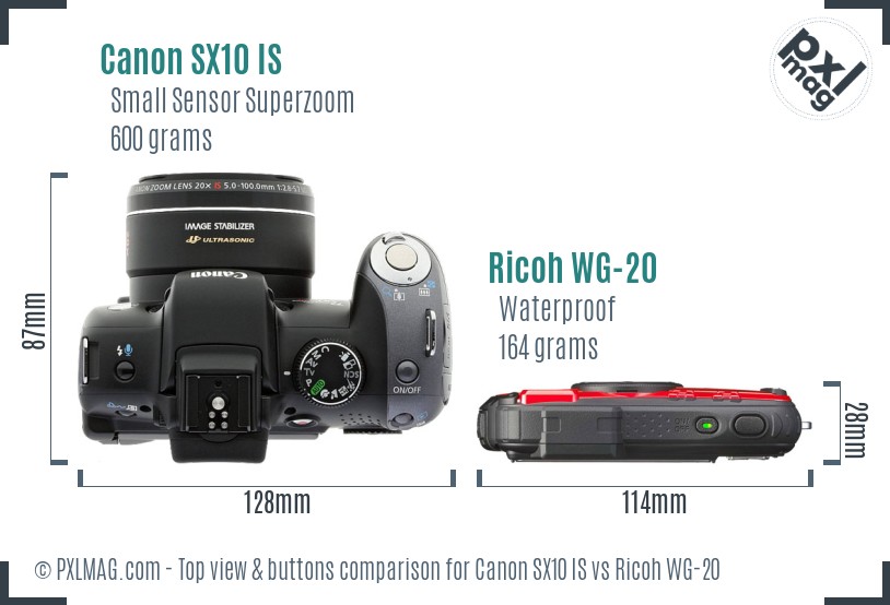 Canon SX10 IS vs Ricoh WG-20 top view buttons comparison