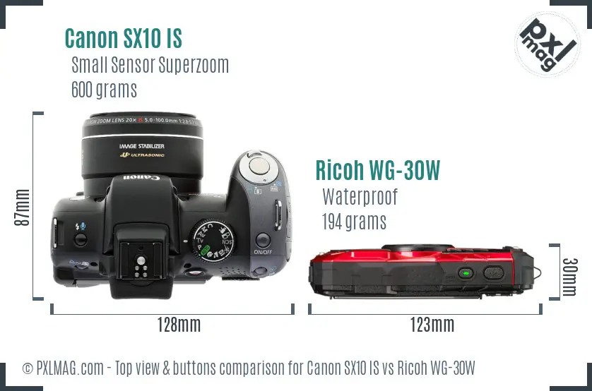 Canon SX10 IS vs Ricoh WG-30W top view buttons comparison