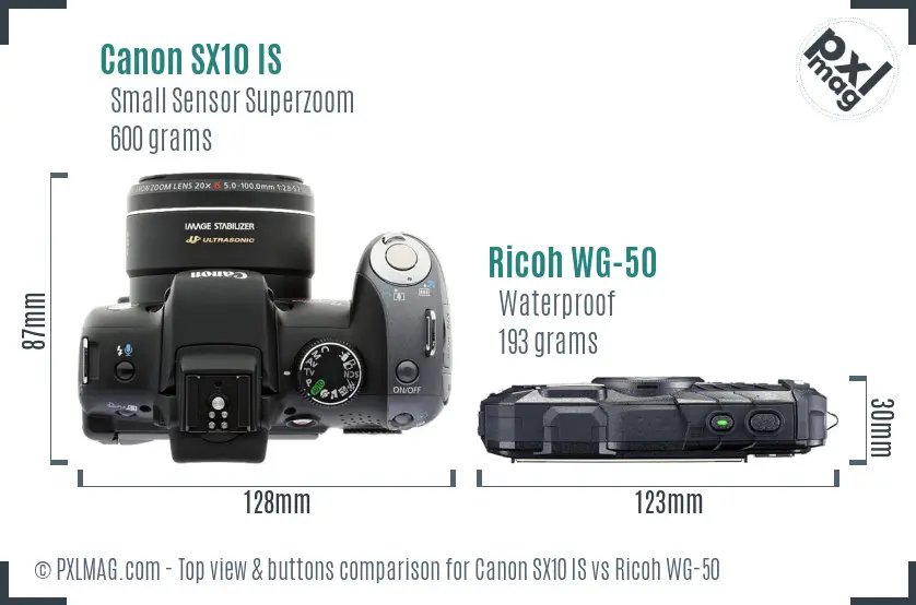 Canon SX10 IS vs Ricoh WG-50 top view buttons comparison