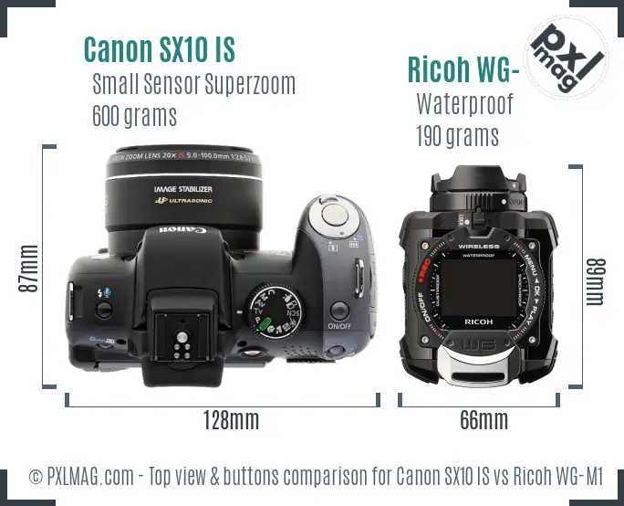 Canon SX10 IS vs Ricoh WG-M1 top view buttons comparison