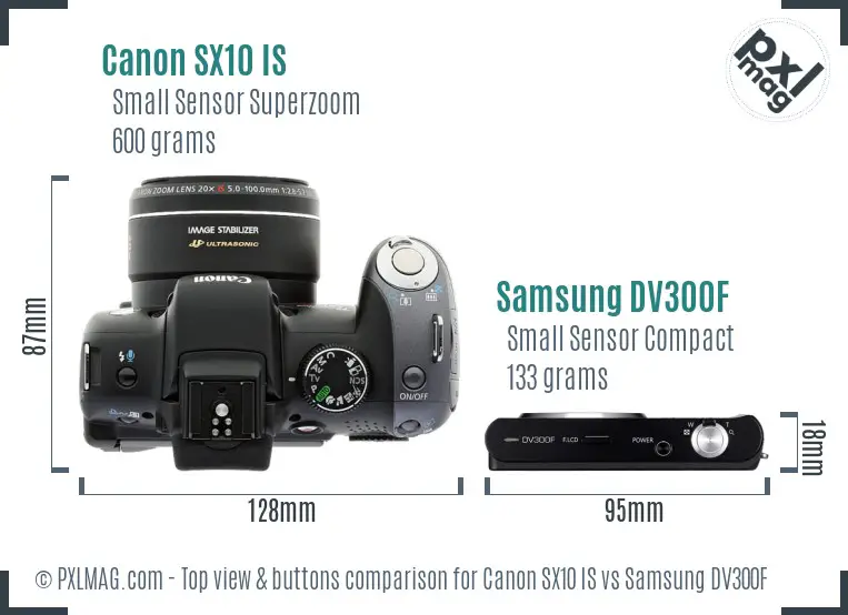 Canon SX10 IS vs Samsung DV300F top view buttons comparison