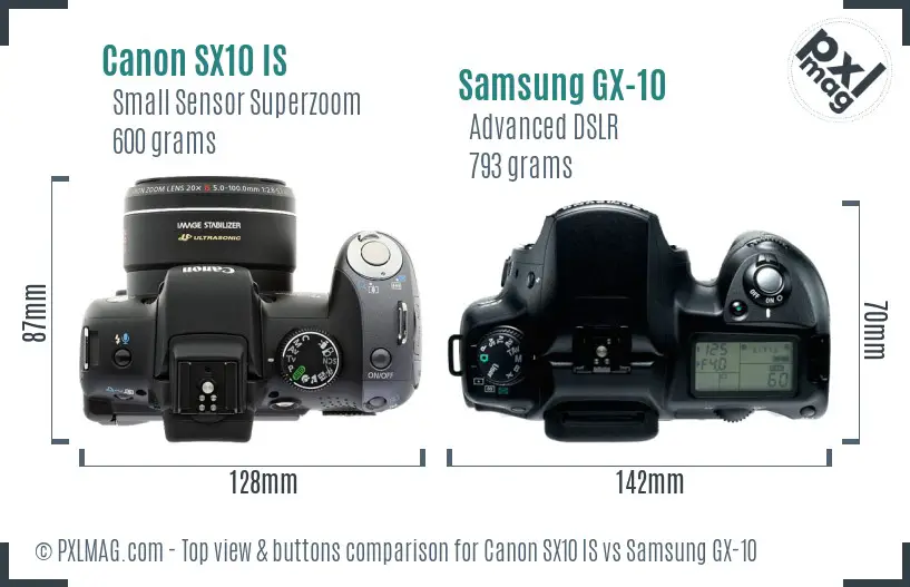 Canon SX10 IS vs Samsung GX-10 top view buttons comparison