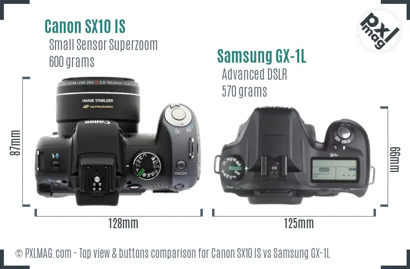 Canon SX10 IS vs Samsung GX-1L top view buttons comparison Canon SX10 IS vs Samsung GX-1L top view buttons comparison