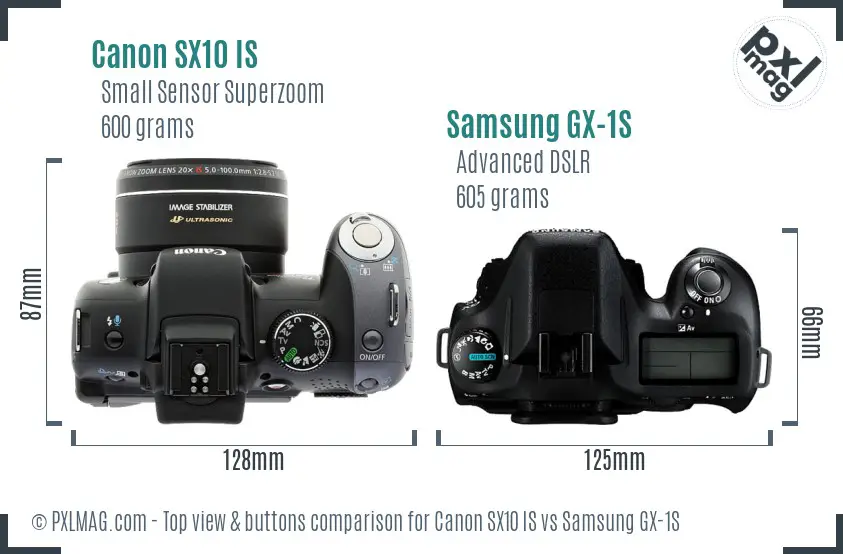 Canon SX10 IS vs Samsung GX-1S top view buttons comparison
