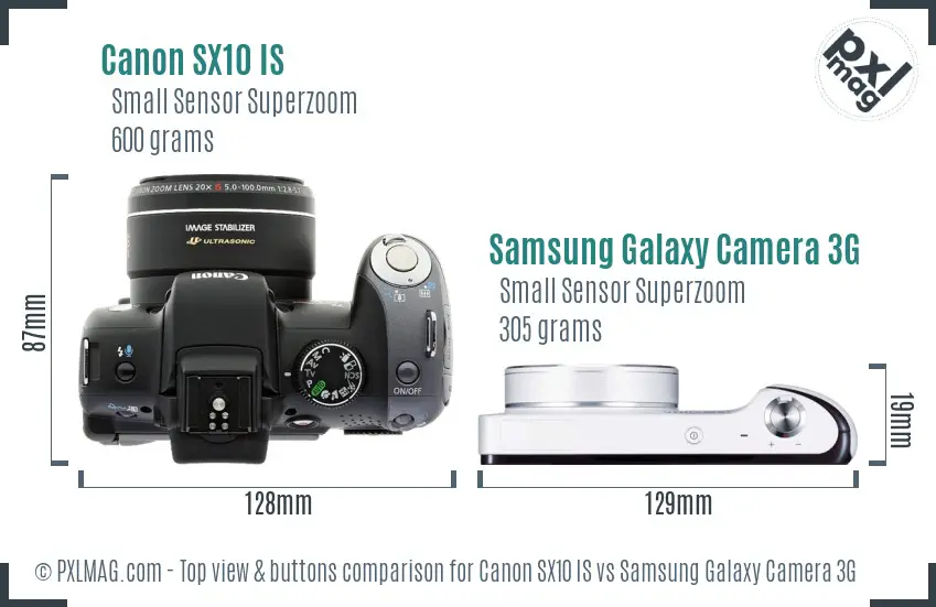 Canon SX10 IS vs Samsung Galaxy Camera 3G top view buttons comparison