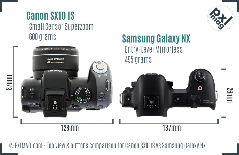 Canon SX10 IS vs Samsung Galaxy NX top view buttons comparison