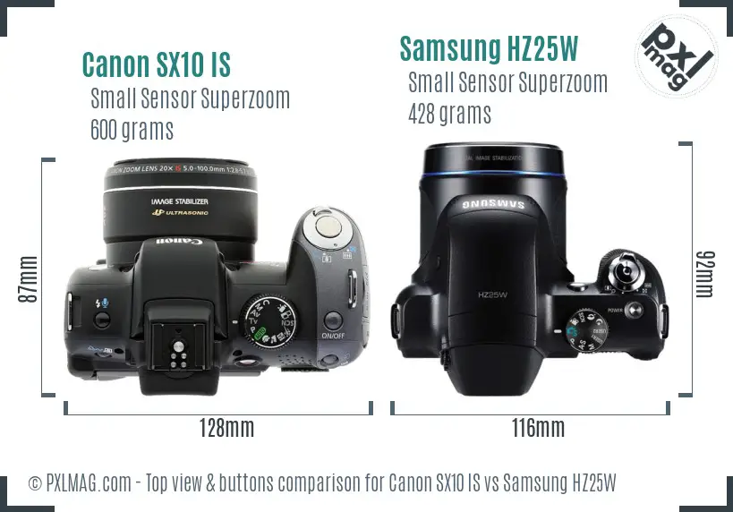 Canon SX10 IS vs Samsung HZ25W top view buttons comparison