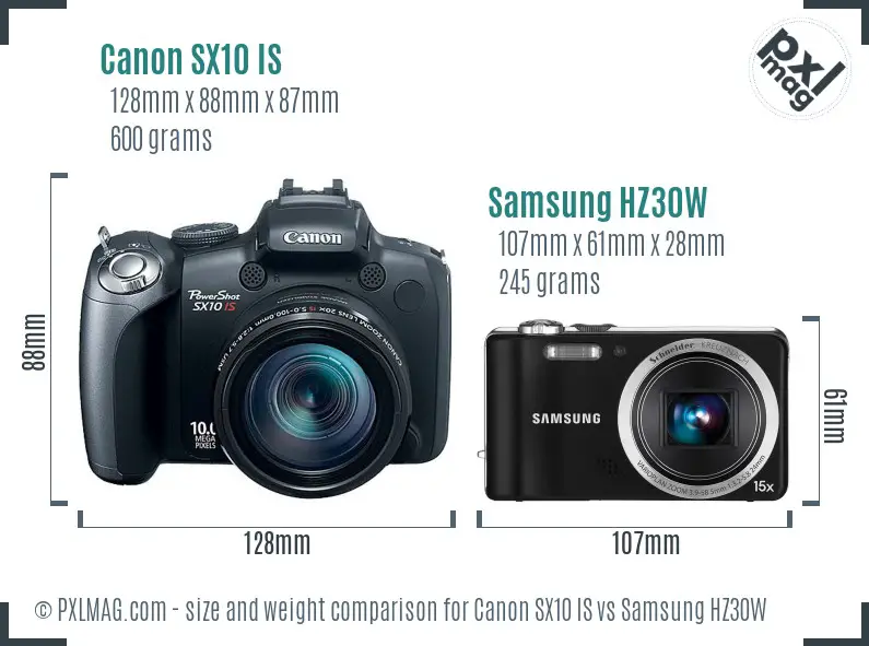 Canon SX10 IS vs Samsung HZ30W size comparison