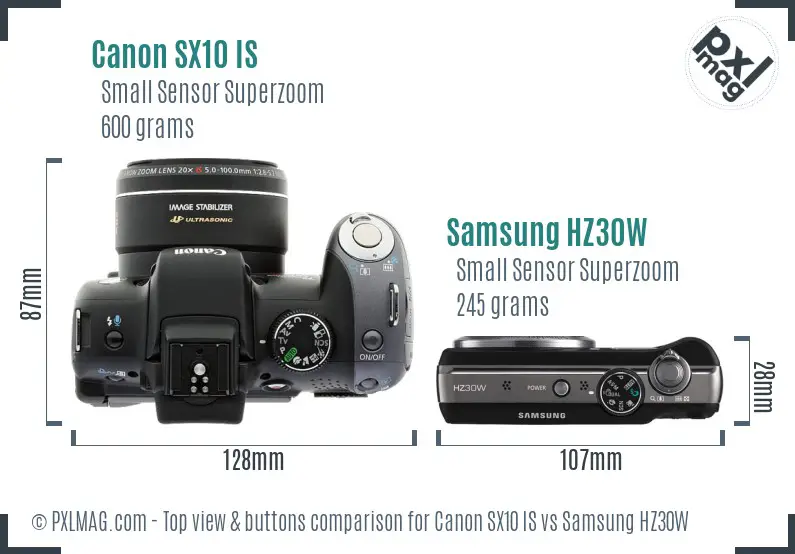 Canon SX10 IS vs Samsung HZ30W top view buttons comparison