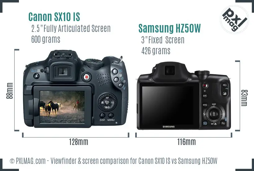 Canon SX10 IS vs Samsung HZ50W Screen and Viewfinder comparison