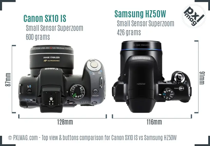 Canon SX10 IS vs Samsung HZ50W top view buttons comparison