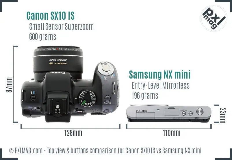 Canon SX10 IS vs Samsung NX mini top view buttons comparison Canon SX10 IS vs Samsung NX mini top view buttons comparison