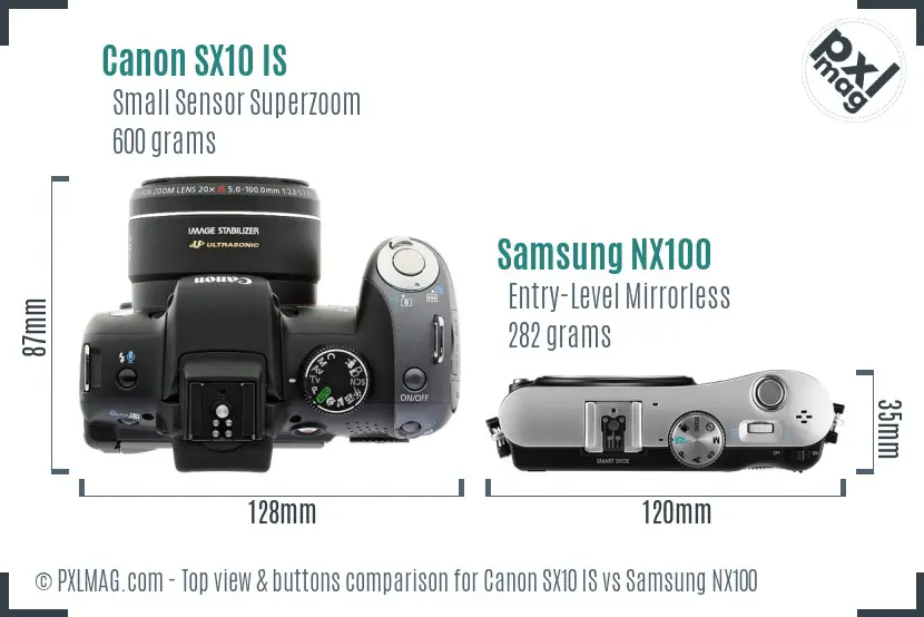 Canon SX10 IS vs Samsung NX100 top view buttons comparison