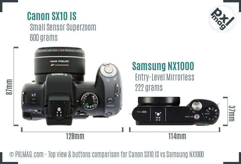 Canon SX10 IS vs Samsung NX1000 top view buttons comparison