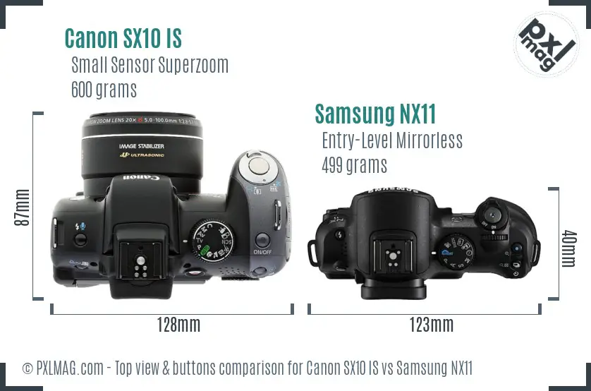 Canon SX10 IS vs Samsung NX11 top view buttons comparison