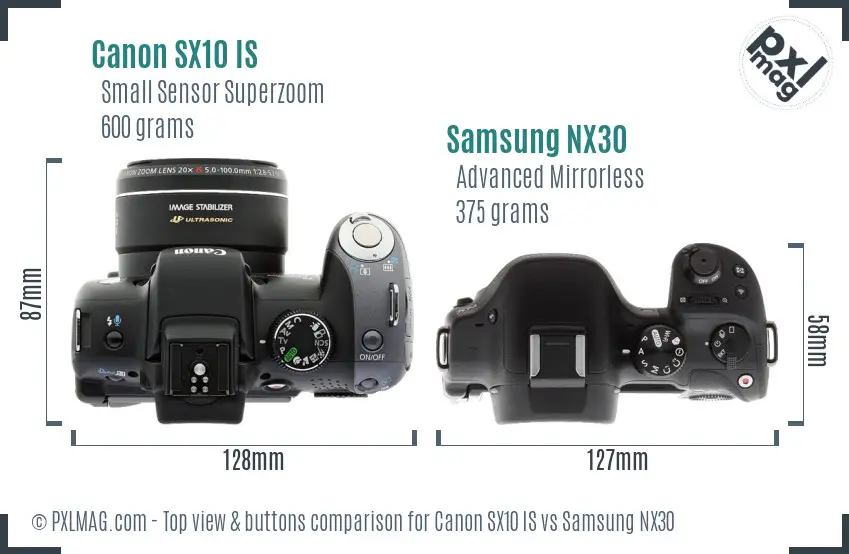 Canon SX10 IS vs Samsung NX30 top view buttons comparison