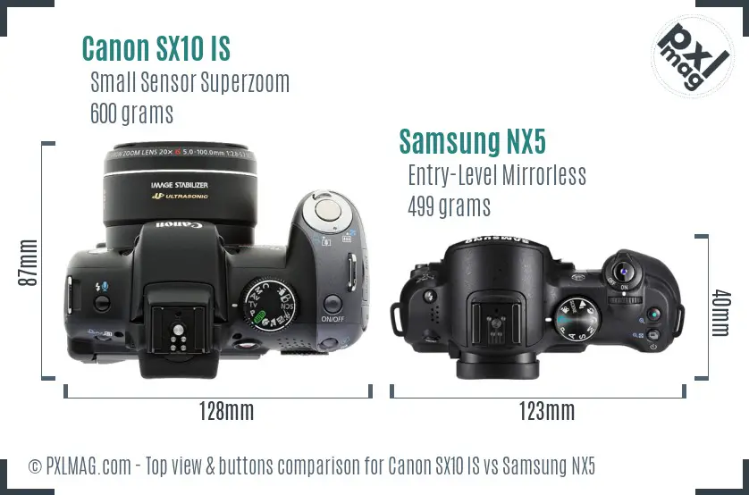 Canon SX10 IS vs Samsung NX5 top view buttons comparison