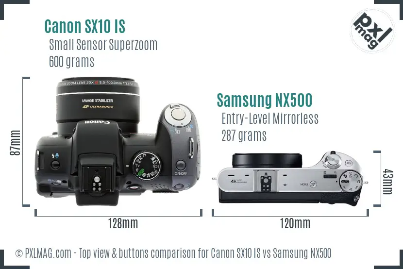 Canon SX10 IS vs Samsung NX500 top view buttons comparison