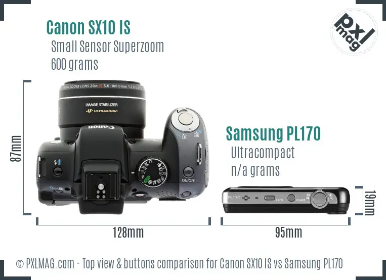 Canon SX10 IS vs Samsung PL170 top view buttons comparison