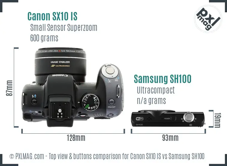 Canon SX10 IS vs Samsung SH100 top view buttons comparison Canon SX10 IS vs Samsung SH100 top view buttons comparison