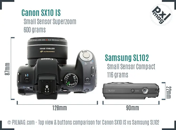 Canon SX10 IS vs Samsung SL102 top view buttons comparison