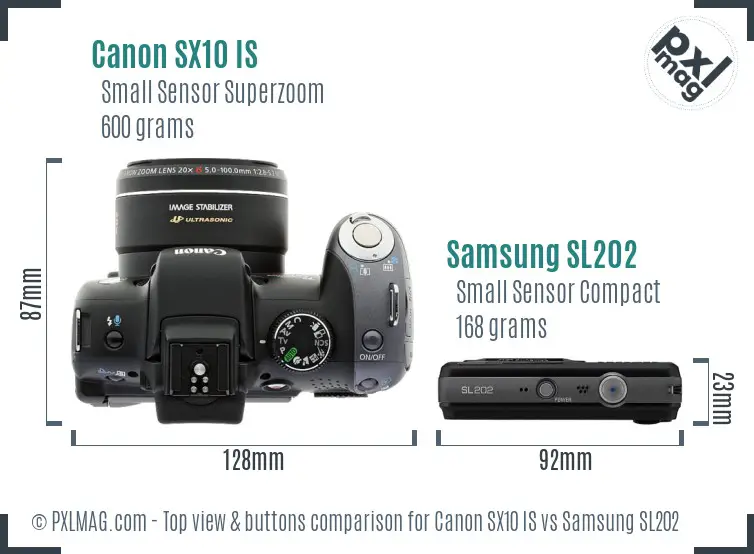Canon SX10 IS vs Samsung SL202 top view buttons comparison